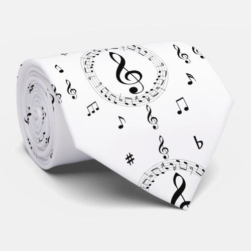 Musical Notes Stylish Black and White Neck Tie