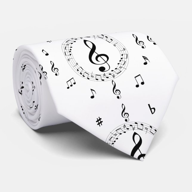 Musical Notes, Stylish, Black and White Neck Tie (Rolled)