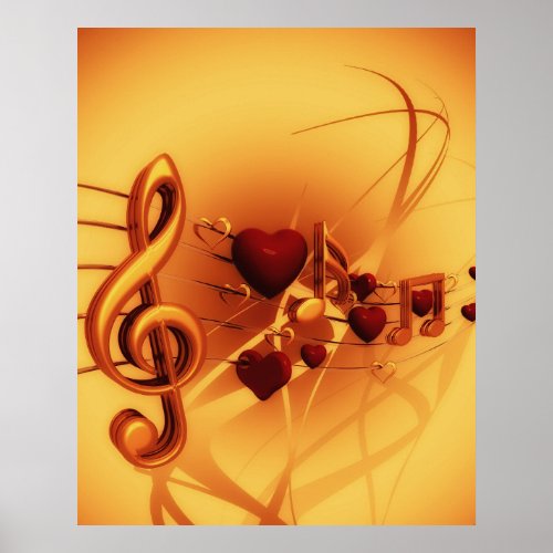 Musical Notes Treble Clef Hearts Gold  Red Poster