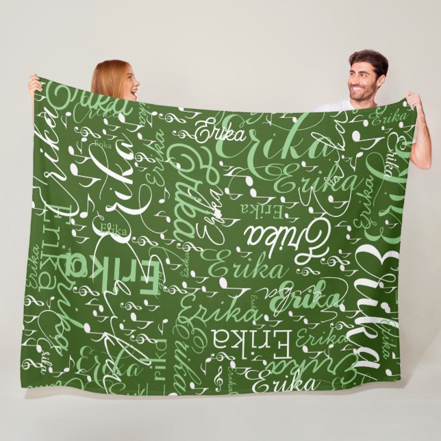 Musical Notes with Name on Green Fleece Blanket (In Situ)