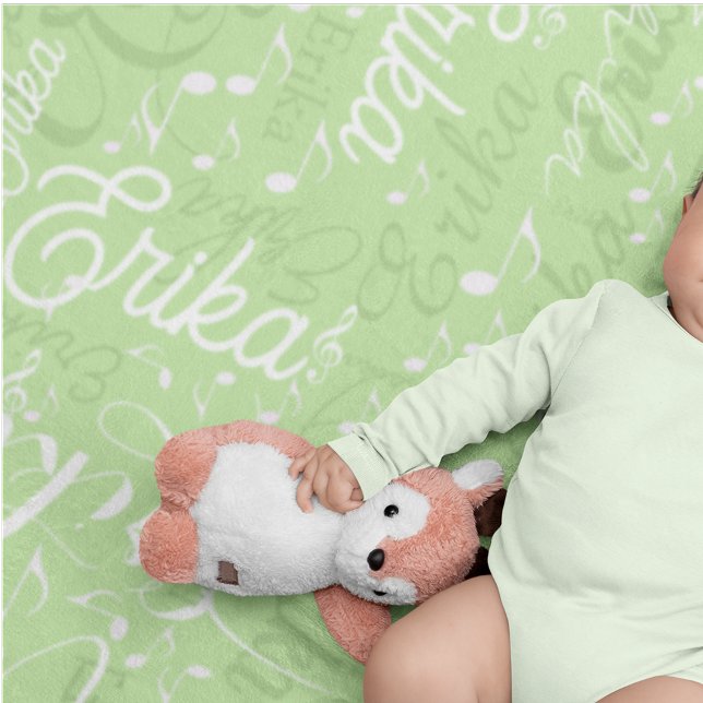 Musical Notes with Name on Light-Green Baby Blanket (Creator Uploaded)