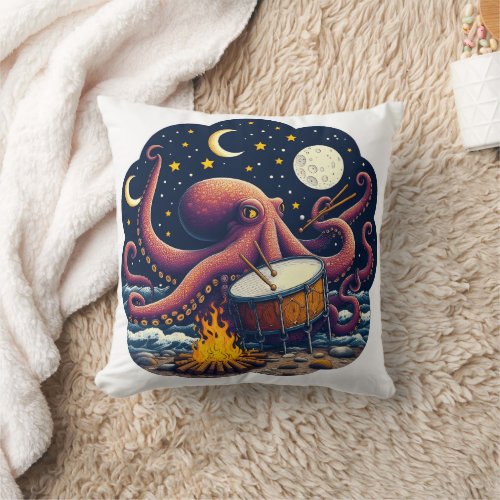 Musical Octopus Drumming by the Campfire at Night Throw Pillow