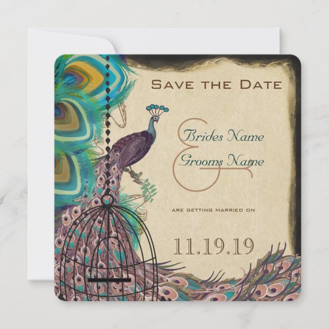 Musical Peacock Bird Cage Eggplant Save the Date (Front)