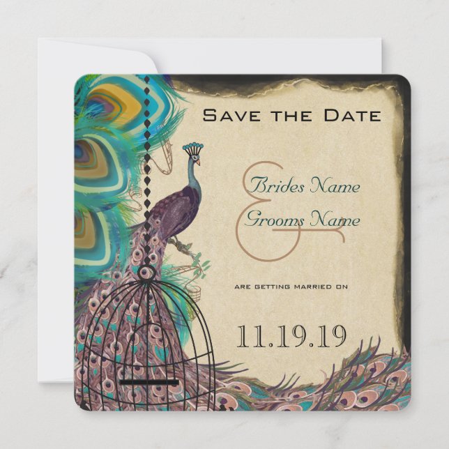 Musical Peacock Bird Cage Eggplant Save the Date (Front)