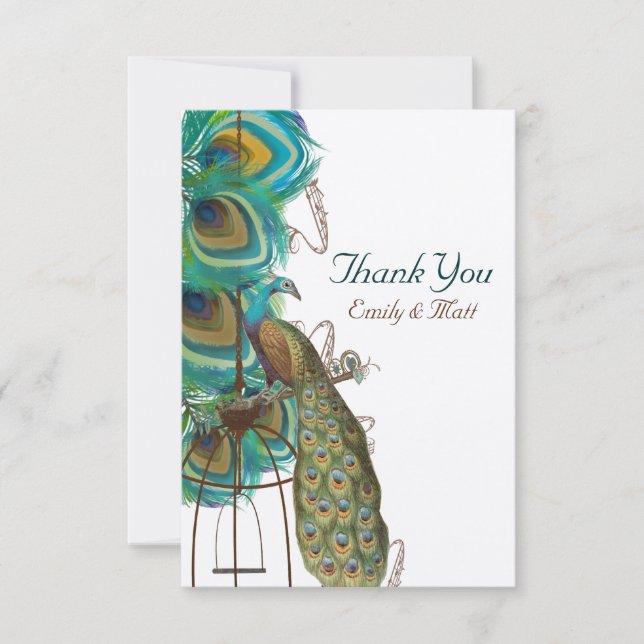 Musical Peacock Bird Cage Feather Thank You Card (Front)