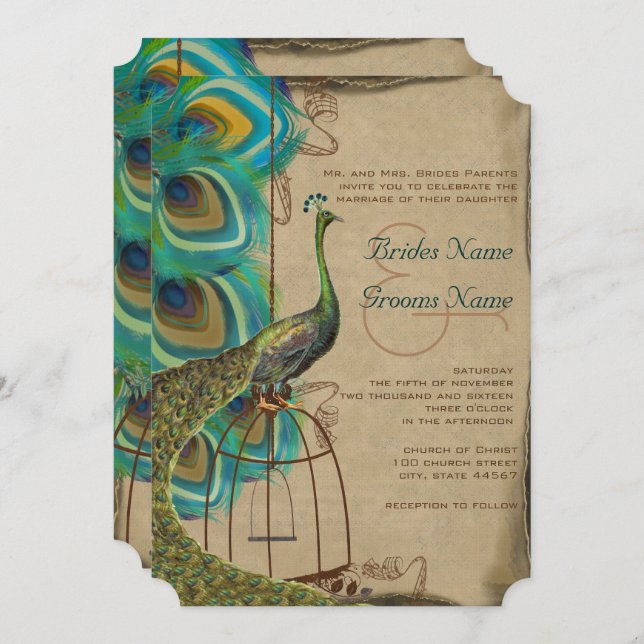 Musical Peacock Bird Cage Feather Wedding Invites (Front/Back)