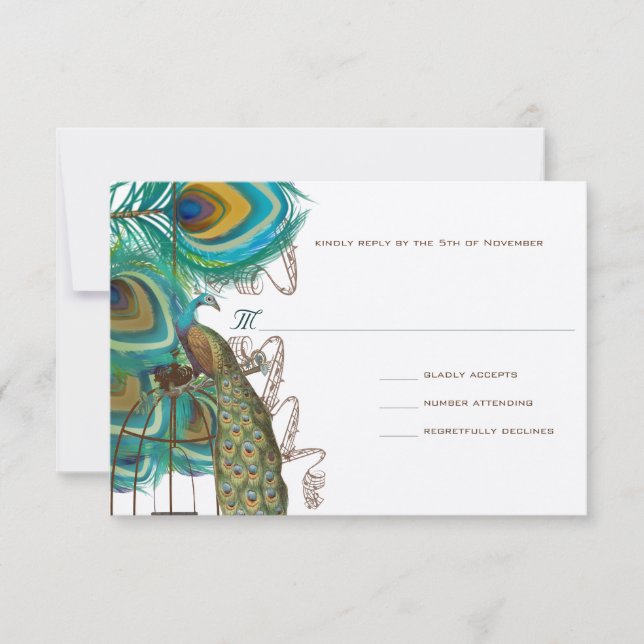 Musical Peacock Bird Cage Feather Wedding RSVP (Front)
