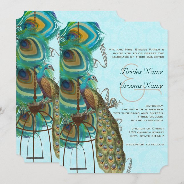 Musical Peacock Bird Cage Feather Wedidng Invitate Invitation (Front/Back)