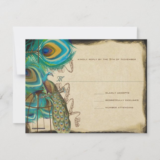 Musical Peacock Bird Cage Feather Wedidng RSVP Card (Front)