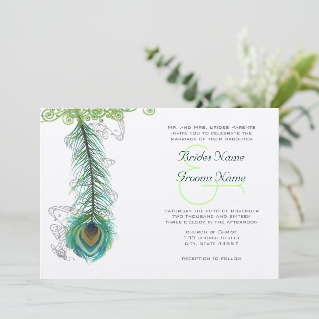Musical Peacock Feather Dark Wedidng Invitation (Standing Front)