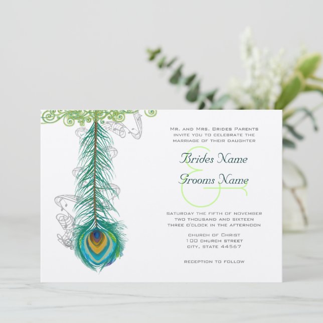 Musical Peacock Feather Wedidng Invitation (Standing Front)