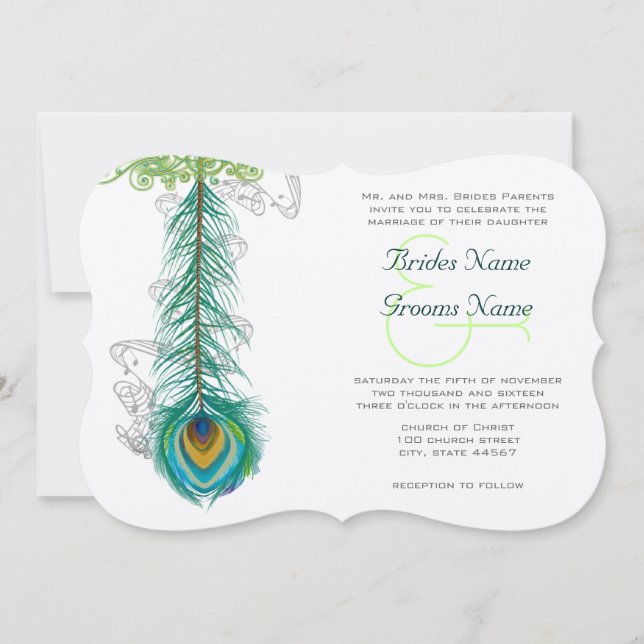 Musical Peacock Feather Wedidng Invitation (Front)