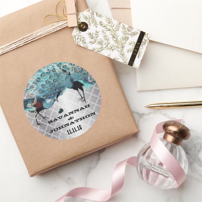 Musical Peacock Silver Moroccan Aqua Weddings Classic Round Sticker (Gifting)