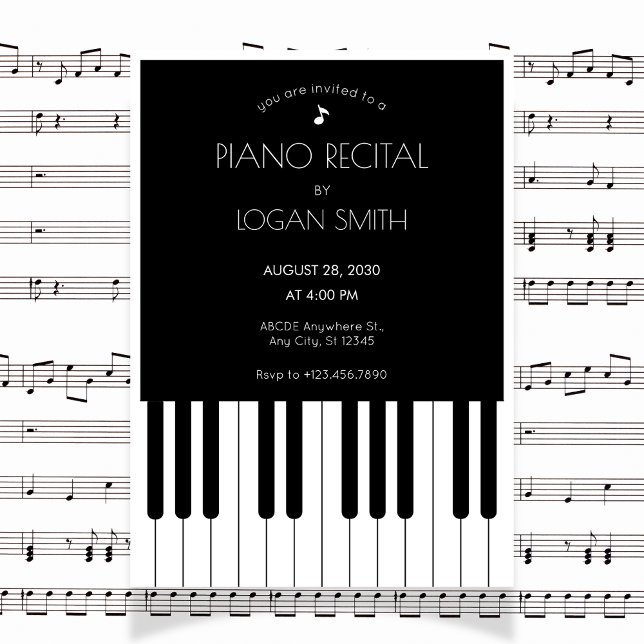 Musical piano black and white music piano recital  invitation (Creator Uploaded)