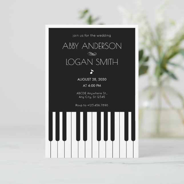 Musical piano black and white Wedding Invitation (Standing Front)