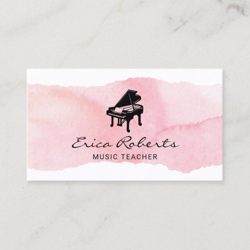 Musical Piano Logo Blush Pink Watercolor Music Business Card