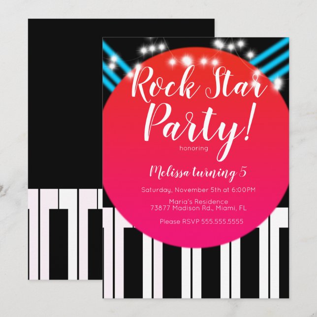 Musical Piano Rockstar Birthday Party Invitation (Front/Back)