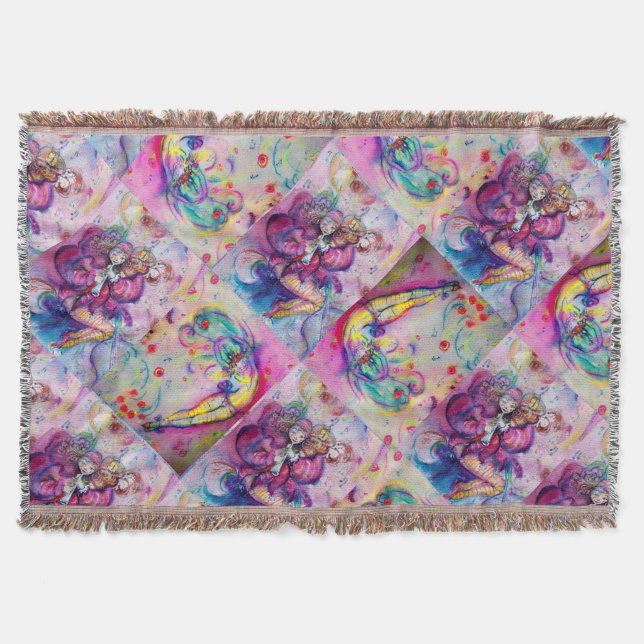 MUSICAL PINK CIRCUS CLOWNS AND ROSES THROW BLANKET (Front)