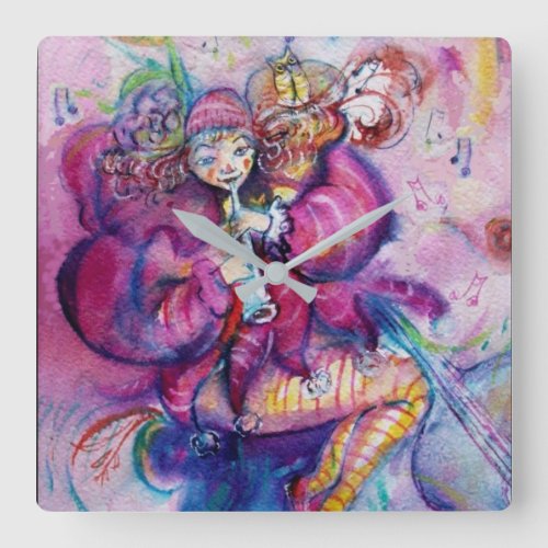 MUSICAL PINK CLOWN SQUARE WALL CLOCK