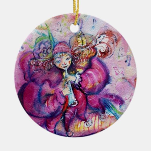 MUSICAL PINK CLOWN WITH OWL CERAMIC ORNAMENT