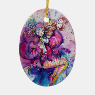 MUSICAL PINK CLOWN WITH OWL CERAMIC ORNAMENT