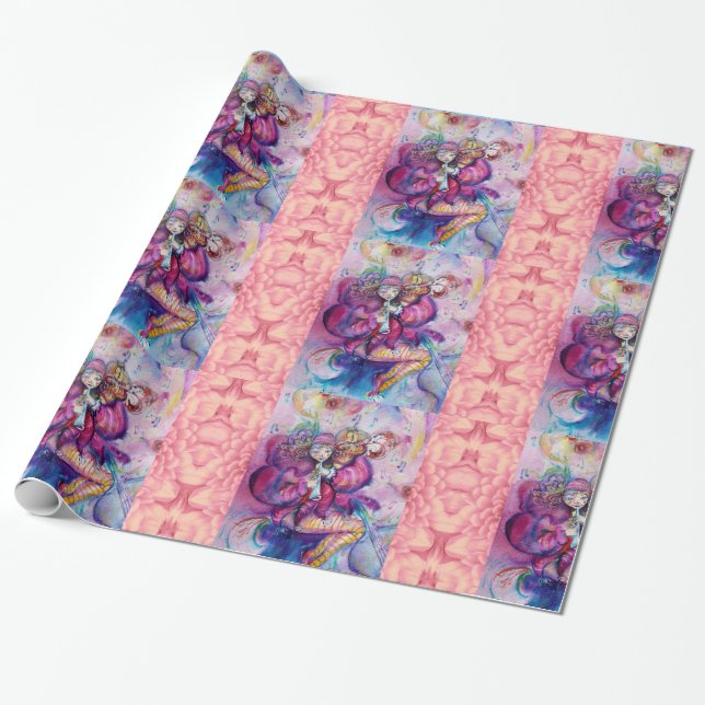 MUSICAL PINK CLOWN WITH OWL Pink Flower Petals Wrapping Paper (Unrolled)