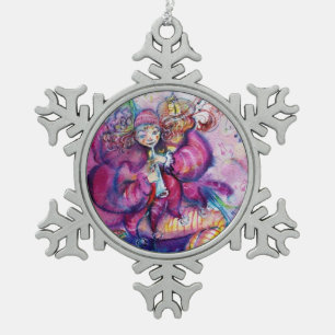 MUSICAL PINK CLOWN WITH OWL SNOWFLAKE PEWTER CHRISTMAS ORNAMENT