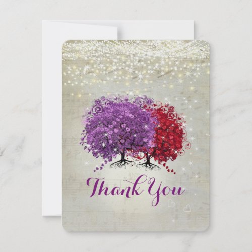 Musical Purple and Red Heart Leaf Tree Thank You Card