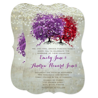 Musical Purple Red Heart Leaf Tree Wedding Invite