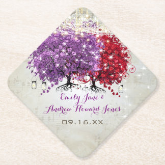 Musical Purple Red Heart Leaf Tree Wedding Paper Coaster