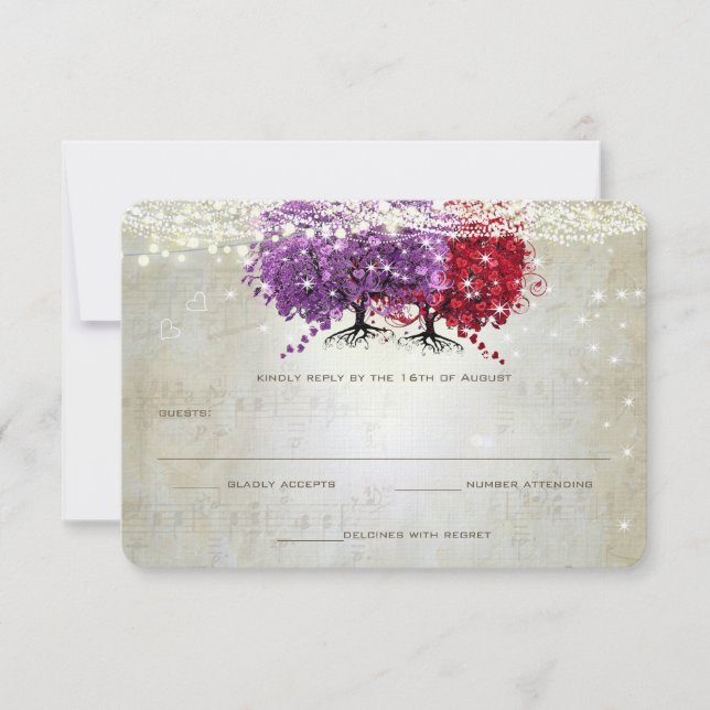 Musical Purple Red Heart Leaf Tree Wedding RSVP (Front)