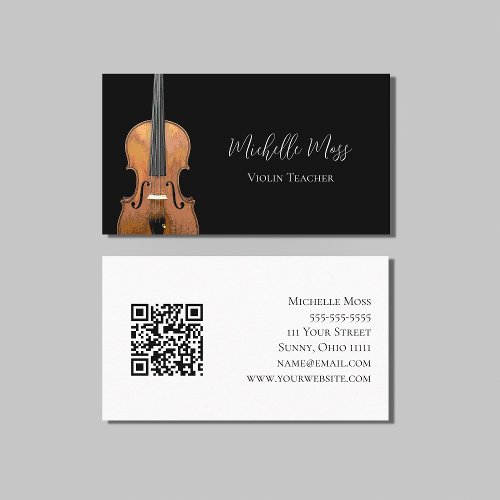 Musical QR code Violin Teacher Black White Business Card