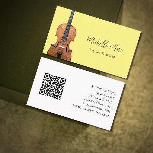Musical QR code Violin Teacher Bright Yellow Business Card