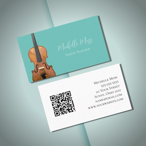 Musical QR code Violin Teacher Teal Green Business Card