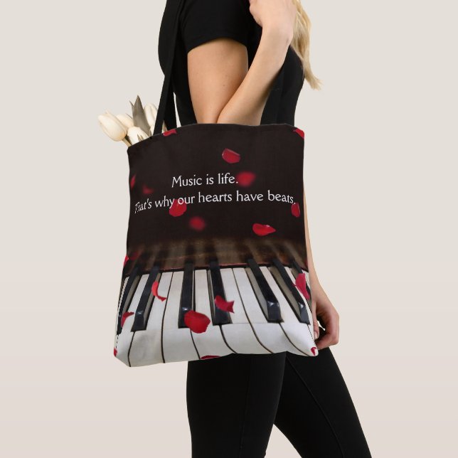Musical Quote on Piano Keyboard Tote Bag (Close Up)