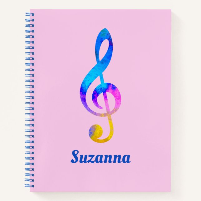 Musical Rainbow Swirl Treble Clef and Name Pink Notebook (Front)