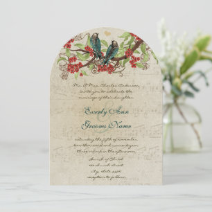 Musical Red Floral Boho Vintage Birds Wedding Invitation