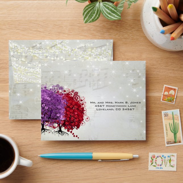Musical Red Purple Heart Leaf Tree RSVP Envelope (Desk)