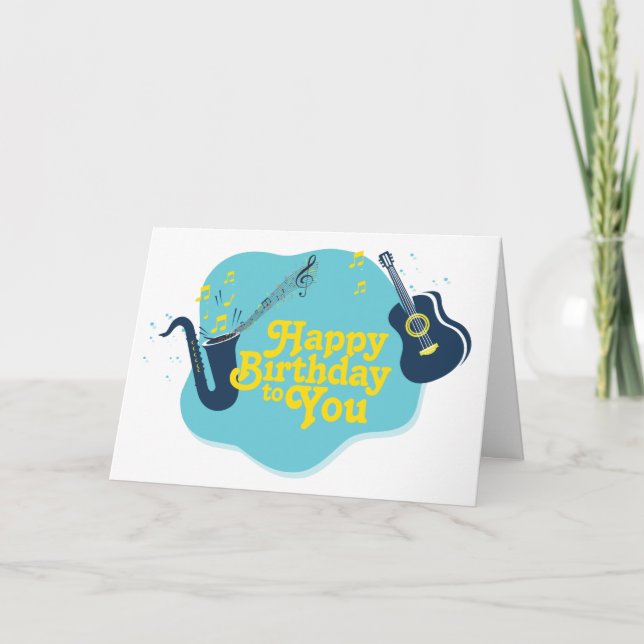 Musical Retro Saxophone and Guitar Birthday Card (Front)