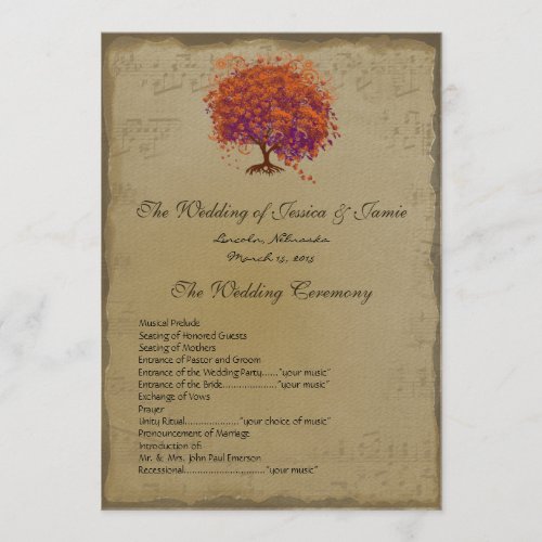 Musical Rustic Forest Red Heart Tree Wedding  Program