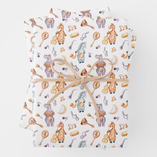 MUSICAL SAFARI ANIMALS BABY GIFT  WRAPPING PAPER SHEETS (In situ)