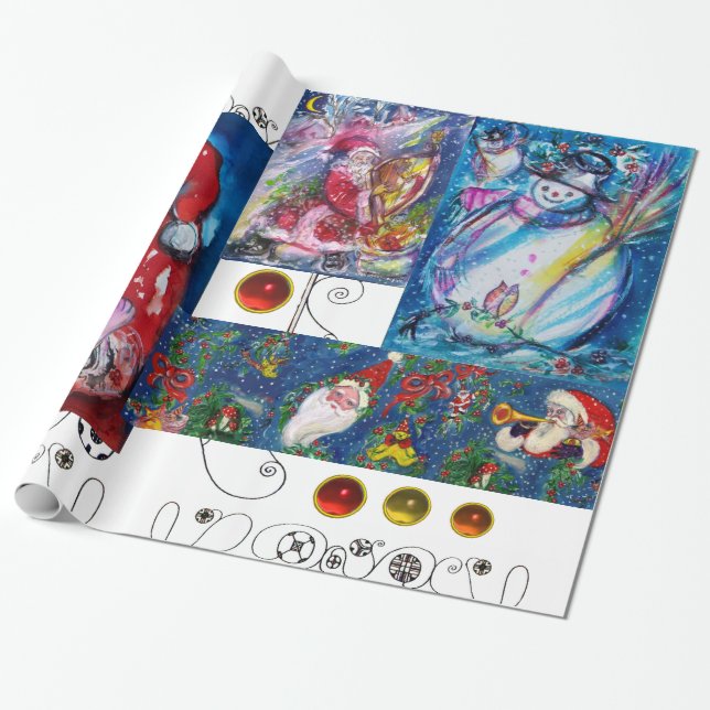 MUSICAL SANTA AND SNOWMEN CHRISTMAS PARTY WRAPPING PAPER (Unrolled)