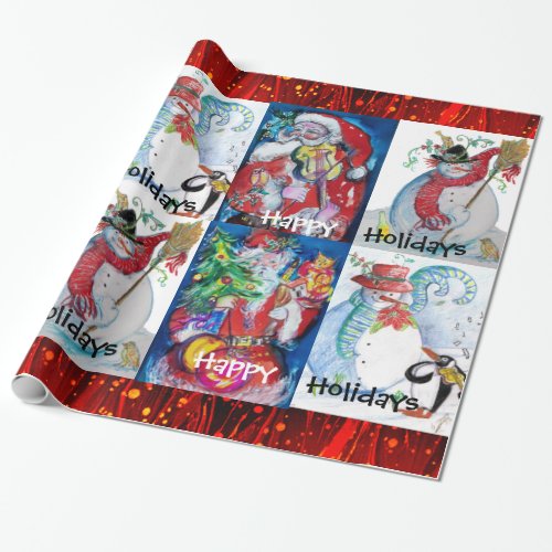 MUSICAL SANTA AND SNOWMEN HAPPY CHRISTMAS HOLIDAYS WRAPPING PAPER