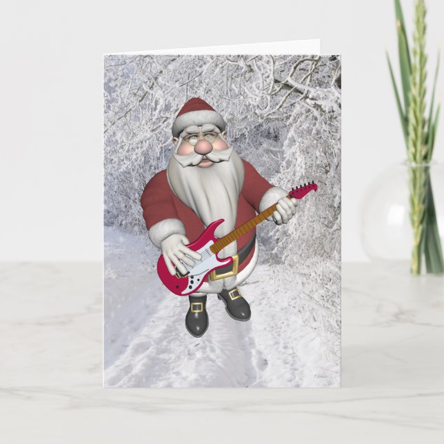 Musical Santa Claus With Red Electric Guitar Holiday Card (Front)