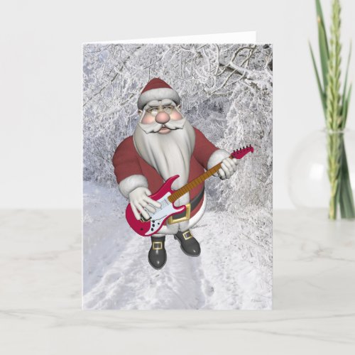 Musical Santa Claus With Red Electric Guitar Holiday Card