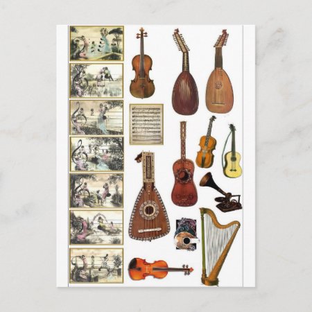Musical Scenes And Instruments Postcard