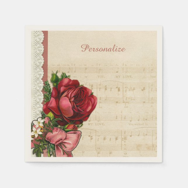 Musical Sheet Music Roses & Lace Party Personalize Napkins (Front)