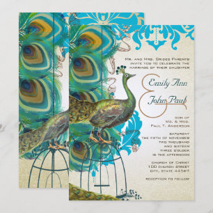 Musical Silver Peacock Bird Cage Feather Invites
