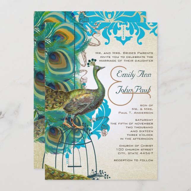 Musical Silver Peacock Bird Cage Feather Invites (Front/Back)