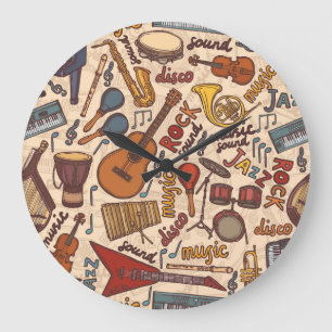 Musical Sketch: Colorful Vintage Seamless. Large Clock